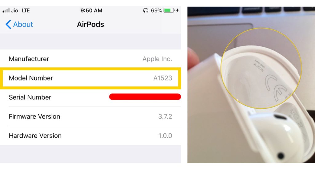 Different AirPods model numbers
