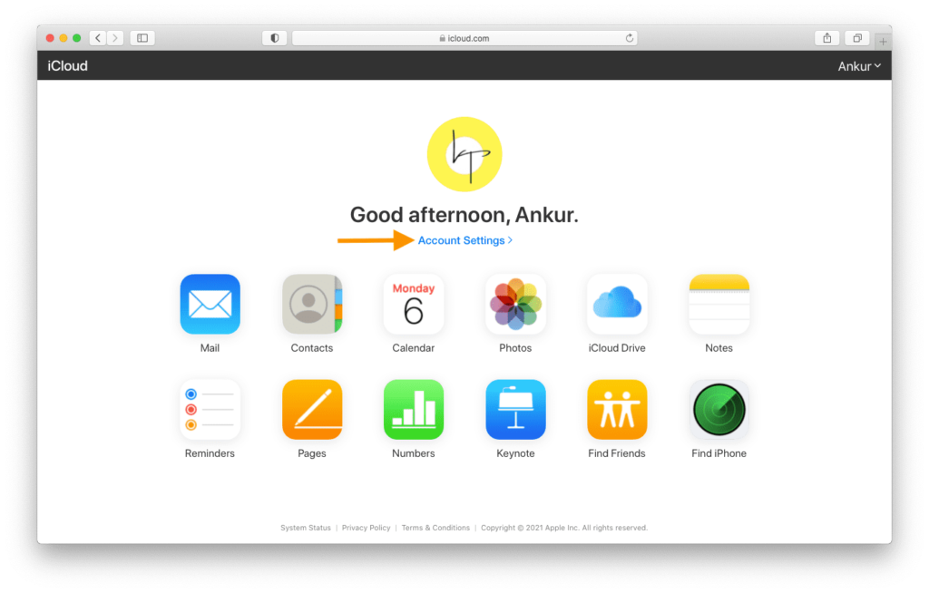 Account Settings in iCloud.com on computer