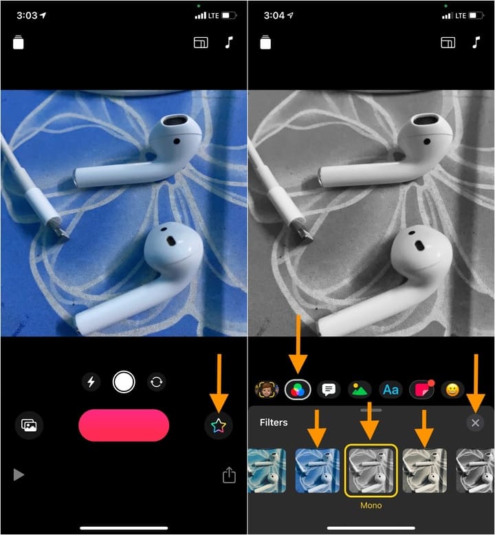 Open Clips app tap Effects icon and choose video filter