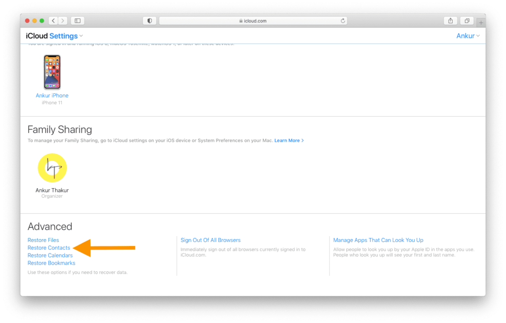 Restore Contacts in iCloud.com on computer to retrieve deleted contacts