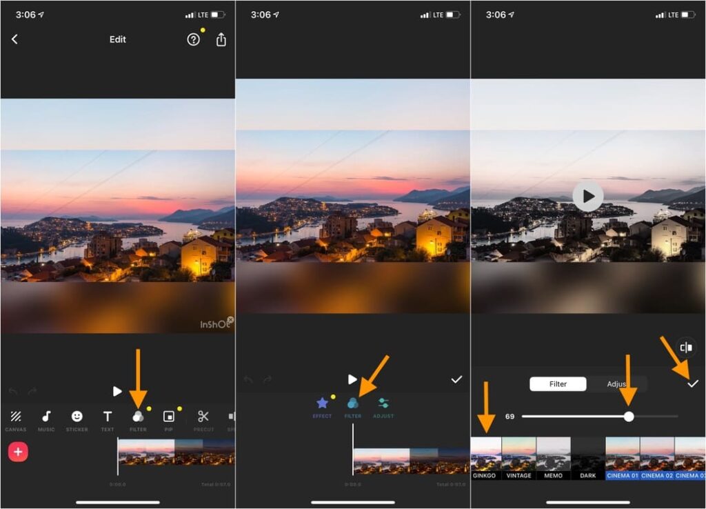 Tap Filter and choose the video filter in Inshot iPhone app
