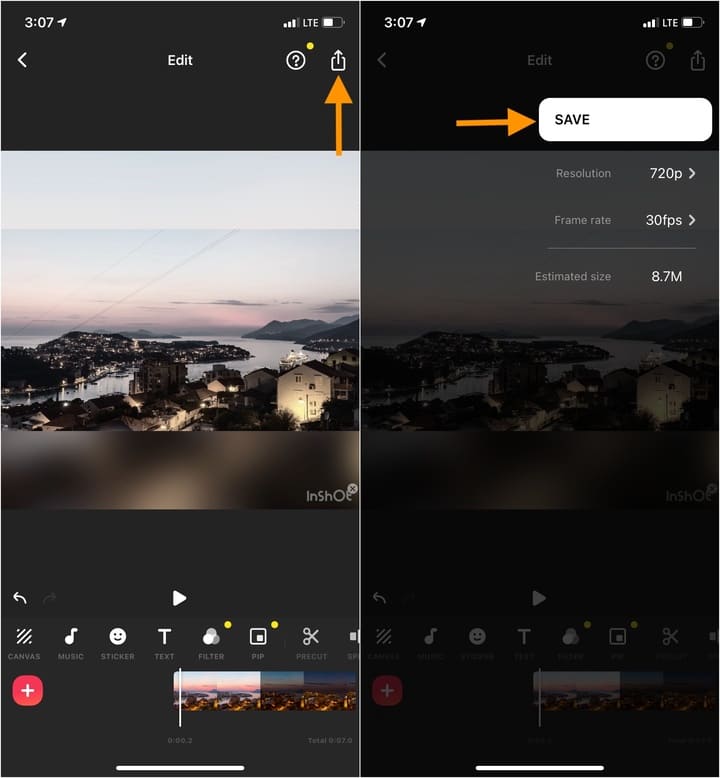 Tap Share icon and tap Save to get video with filter effect in Photos app