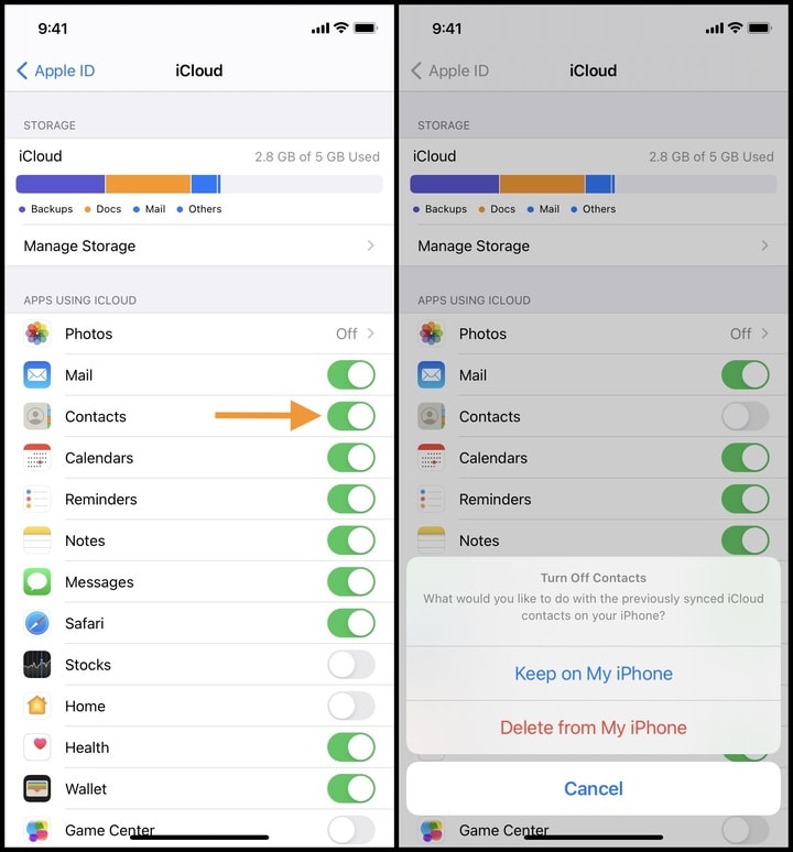 Turn off and turn on iCloud Contacts if they are not syncing correctly on iPhone