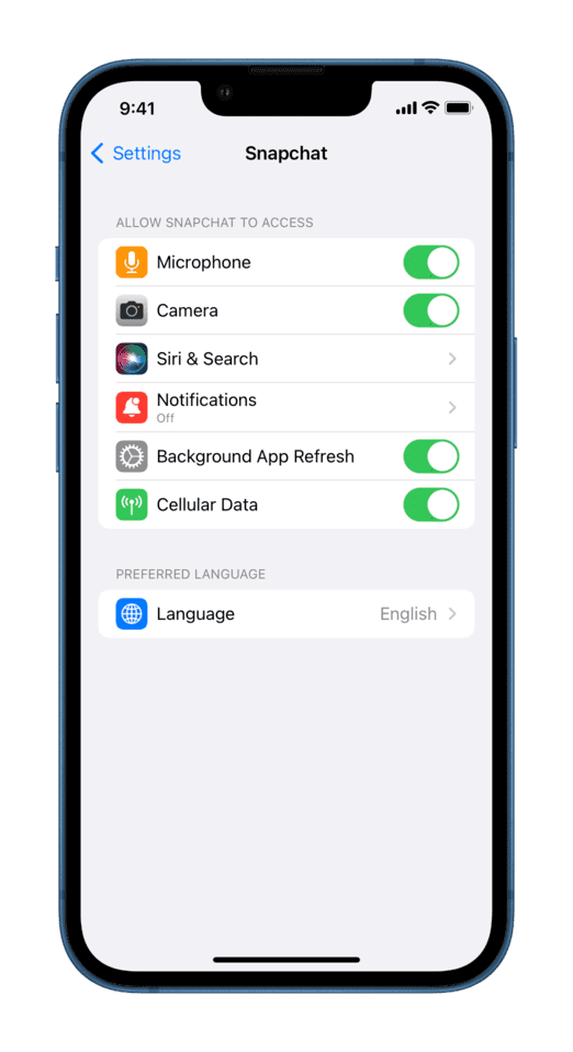 Snapchat iOS settings on iPhone
