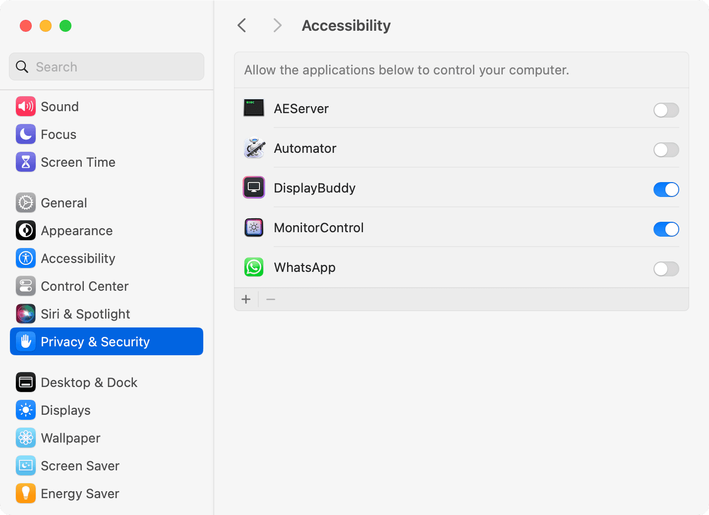 Allow Accessibility settings for DisplayBuddy and MonitorControl apps on Mac