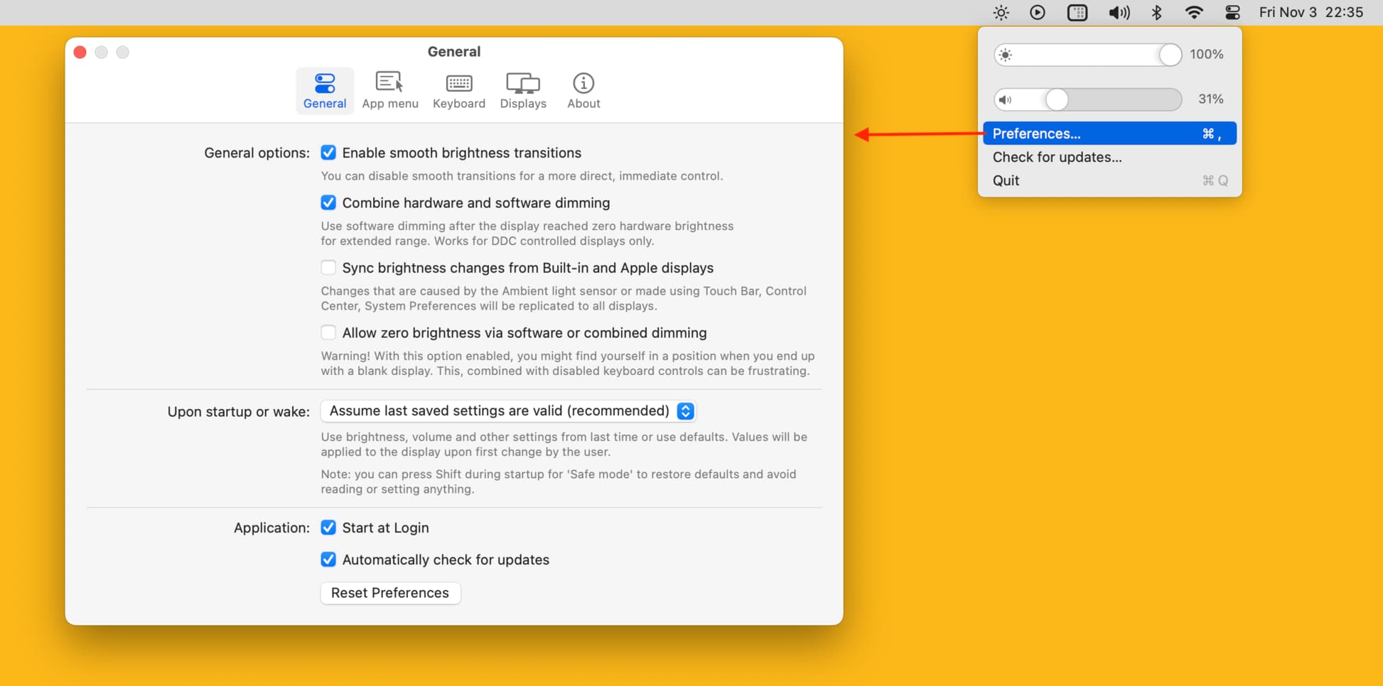 MonitorControl app settings on Mac so it works well to change brightness on third-party monitor