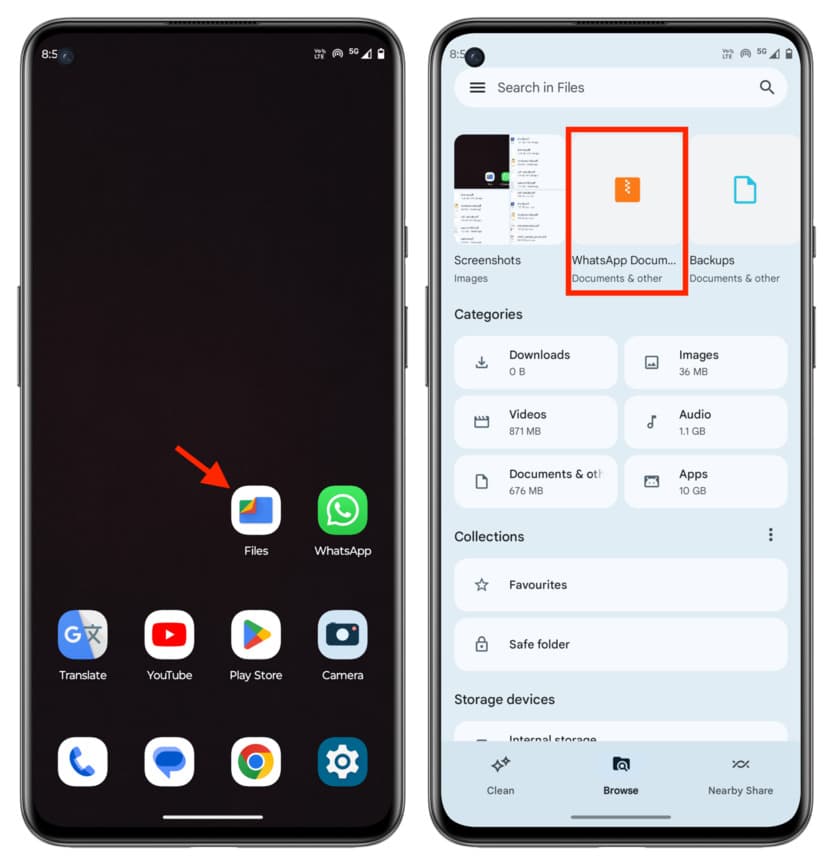 Open Files app and tap WhatsApp Documents
