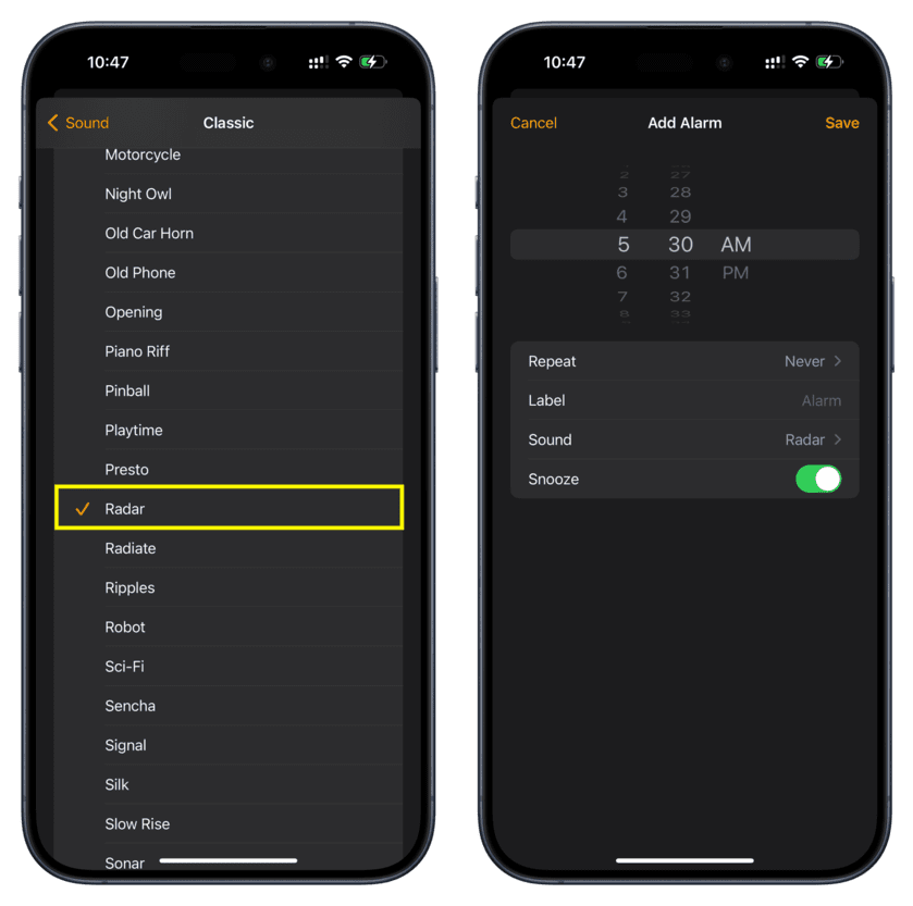 Pick Radar as alarm sound for iPhone in iOS 17
