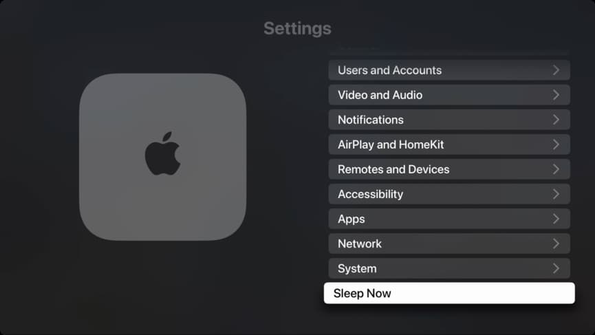 Sleep Now in Apple TV Settings app