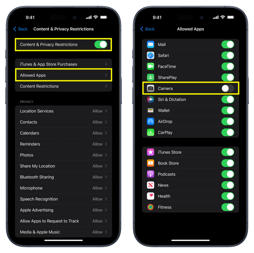 Tap Allowed Apps and turn off Camera in iPhone Screen Time settings
