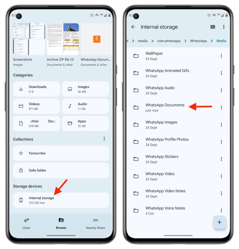 Tap Internal Storage and then WhatsApp Documents in Files app on Android phone