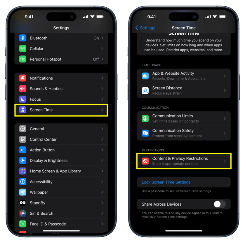 Tap Screen Time and then tap Content and Privacy Restrictions in iPhone Settings
