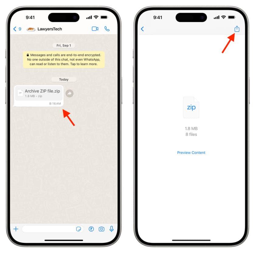 Tap ZIP file in WhatsApp on iPhone and tap share button