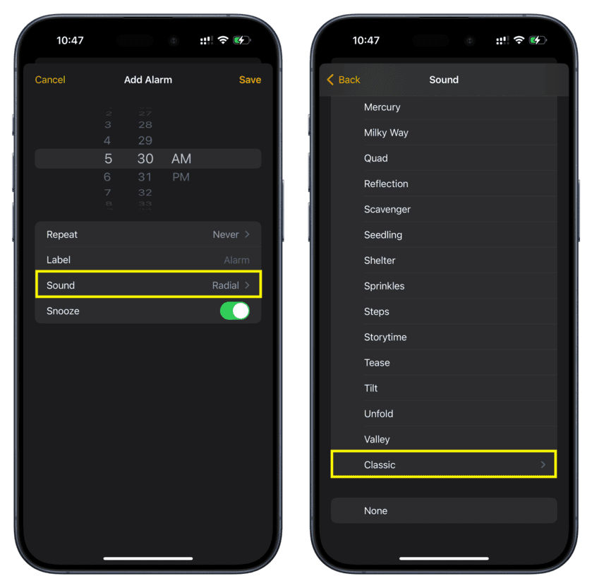 Tap current alarm sound on iPhone and choose Classic