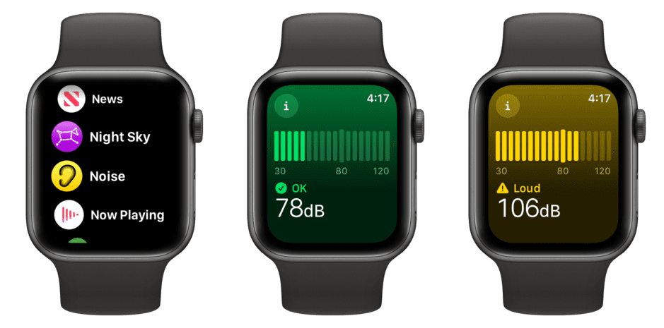 Using Noise app on Apple Watch that should OK sounds in green and Loud sounds in yellow with a measurement in dB