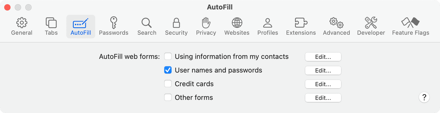 Safari Autofill options on Mac