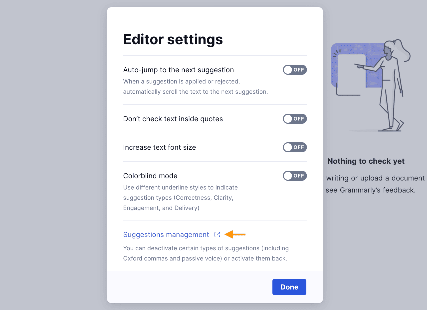 Suggestions management in Grammarly Editor Settings