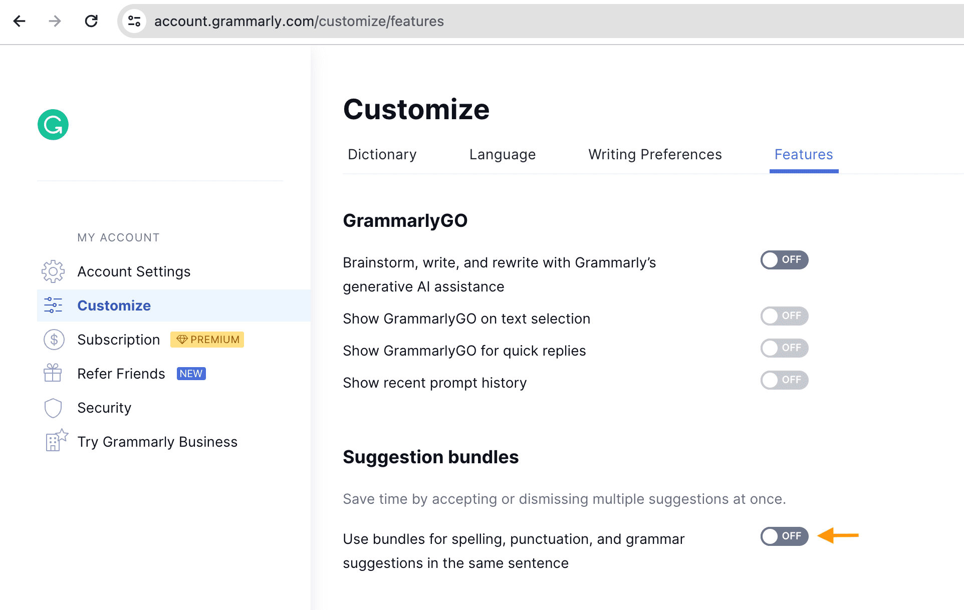 Turn off Suggestion bundles on Grammarly