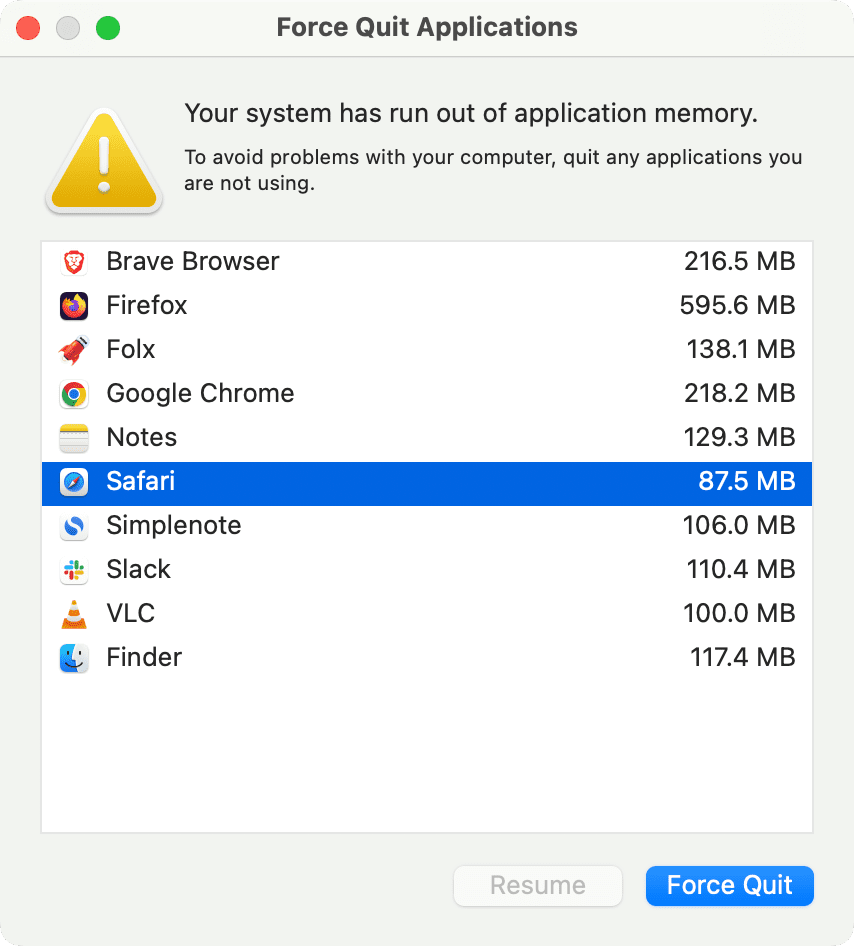 Your system has run out of application memory popup on Mac